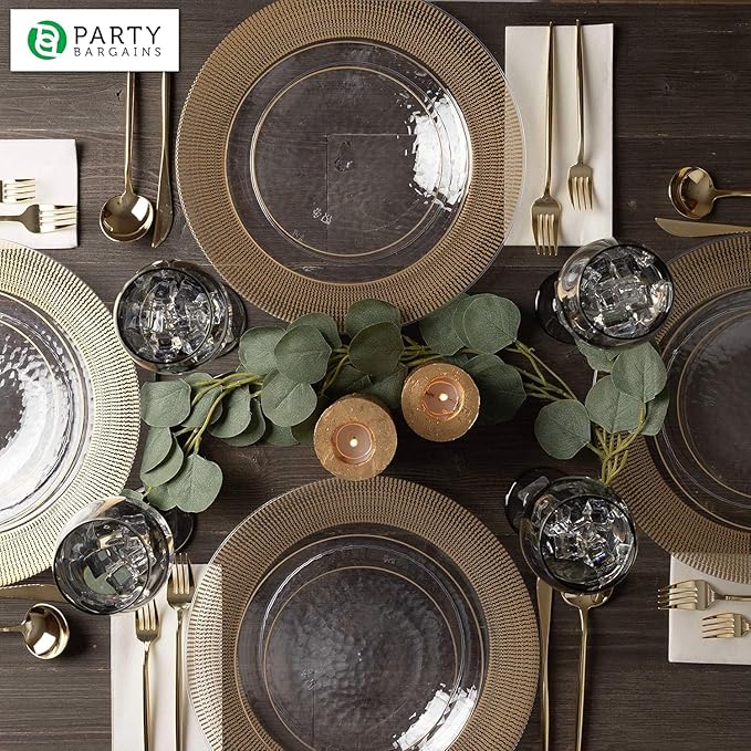 PARTY BARGAINS 13-Inch Charger Plates - 4 Pack, Clear Gold Textured Rim, Heavy-Duty Disposable Chargers for Elegant Dining - Ideal for Weddings and Formal Events
