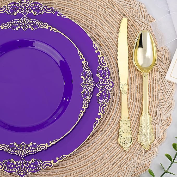 350 PCS Purple and Gold Plastic Plates, Plastic Dinnerware Set for 50 Guests, 100 Disposable Plates, 150 Silverwares, 50 Cups, 50 Napkins for Party, Wedding, Graduation