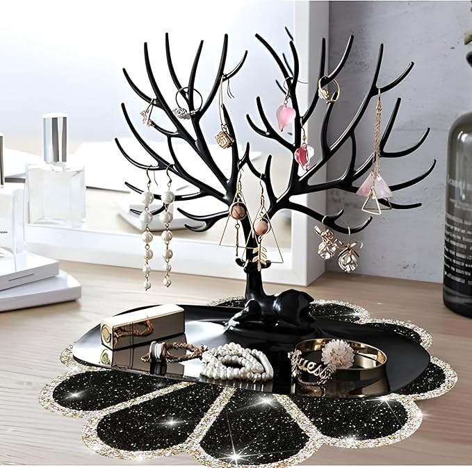 Washable Waterproof Diamond Circle Placemats for Round Tablescape Decor for Dinner and Kitchen Bling Placemats for Weddings & Special Events (Black)-8PCS