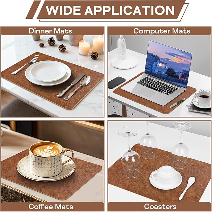 Faux Leather Placemats Set of 6, Washable Place Mats, Wipeable Waterproof Oil-Proof Heat Resistant Table Mats, Vinyl Placemats Rectangular Place Mat for Table Indoor Outdoor (Reddish Brown)