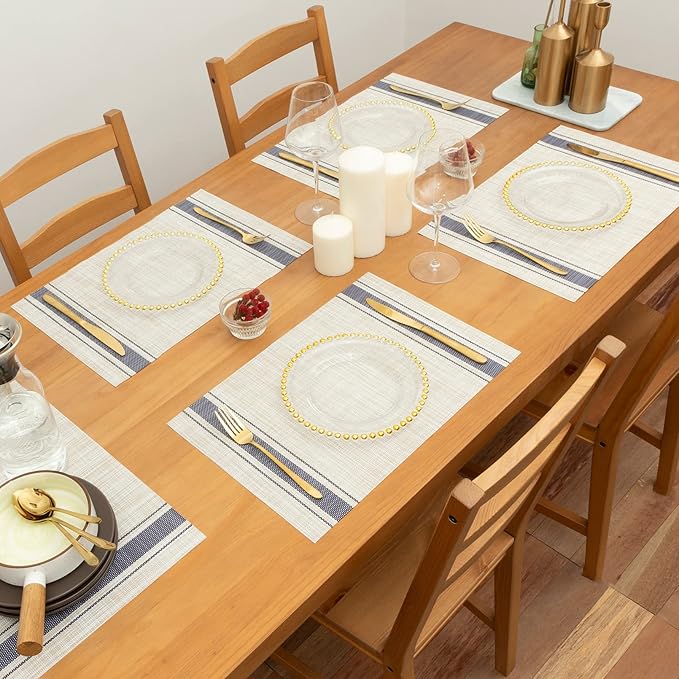 Winknowl Placemats Set of 4, Heat Resistant Non-Slip Vinyl Woven Table Mats for Dining Table, Washable Durable Elegant Place Mats for Kitchen Indoor/Outdoor Use (Beige Blue)