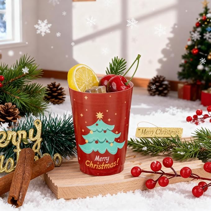 I00000 50Pcs 12oz Christmas Tree Design Christmas Plastic Cups, Premium Disposable Cups Cocktail Cup, Red Xmas Party Cup with Star Pattern Design, Perfect for Xmas Party