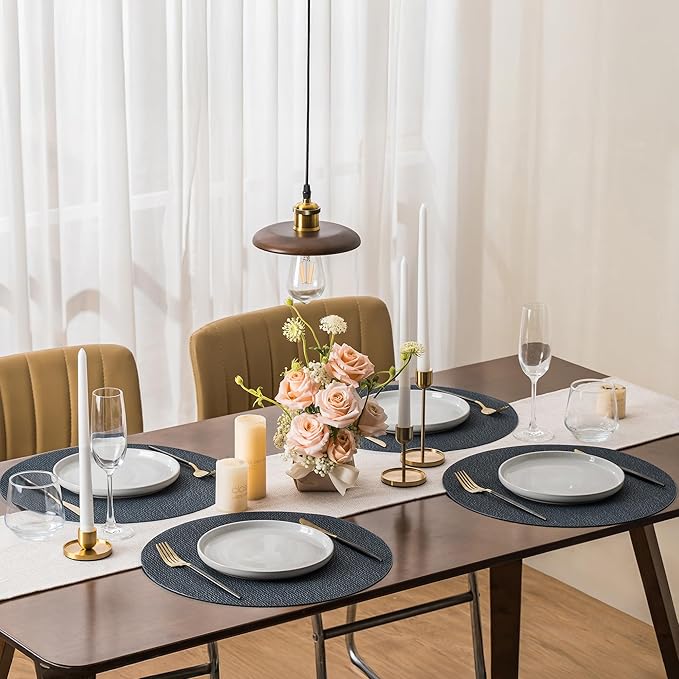 Jovono 15" Faux Leather Big Round Placemats Set of 6 - Washable Heat Resistant Non-Slip Dining Table Mats with Fabric Texture for Kitchen Home Party Decor, Blue