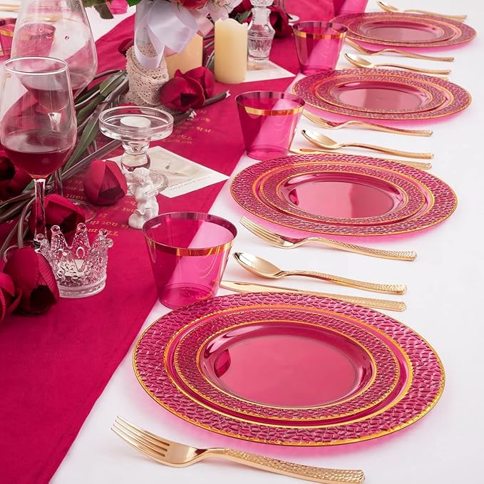 Ciaell 150PCS Clear Red Plastic Plates - Disposable Red and Gold Plates Set include 50Plates, 25Forks, 25Knives, 25Spoons, 25Cups for Wedding & Party & Valentine's Day
