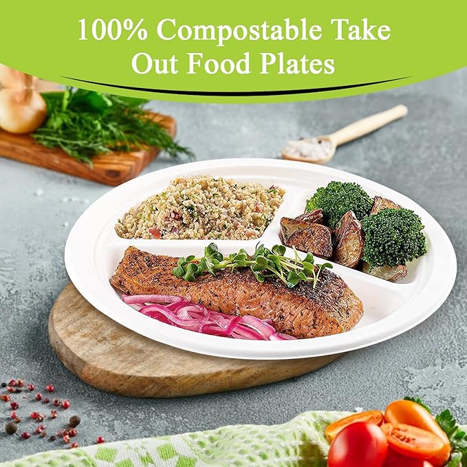 three leaf 10" 3 COMPARTMENT BAGASSE ROUND PLATE, 125 Ct. Heavy-Duty- Super Strong- Natural- Eco-Friendly Disposable Bagasse Plates, 100% Biodegradable 10 inch 3 compartment plates
