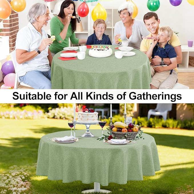 JIUZHEN Round Table Cloth Faux Linen Farmhouse Tablecloth Wrinkle and Stain Resistant Decorative Fabric Table Cover for Kitchen, Dining Room, Parties and Camping, Sage Green, 108 Inch Round
