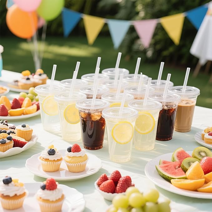 Charmount 32 oz 50 Sets Clear Plastic Cups with Lids and Straws, Sturdy & Food Safe Disposable To Go Cups for Cold Drinks, Iced Coffee, Milkshakes, Smoothies