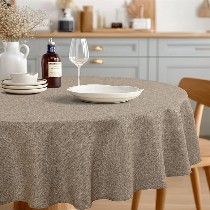 JIUZHEN Faux Linen Round Tablecloths 54 inch, Decorative Wrinkle Free Texture Rustic Circle Table Cloth Cover for Kitchen, Dining, Party, Wedding, Outdoor Use (54 Inch Round,Khaki)
