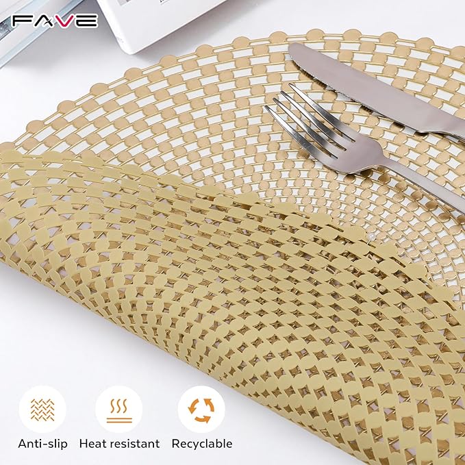 FAVE 10 PCS Gold Vinyl Round Placemats, Spiral Hollow Out Design for Large Gatherings, Party Decor, Birthdays, Restaurant (15 Inch,10PCS)