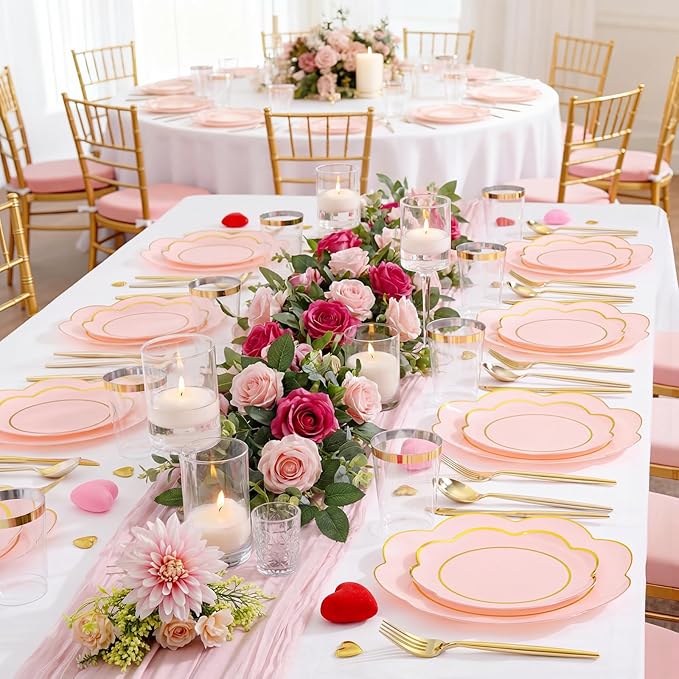 EI 180pcs Pink Plastic Plates with Gold Plastic Silverware,Heavy-Duty Disposable Plates for Party,White Dinnerware Set for 30 Guest Wedding,Birthday,Valentine's Day