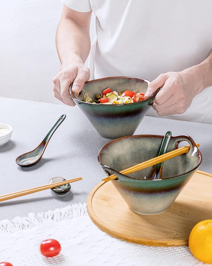HENXFEN LEAD Japanese Ramen Noodle Bowl Set of 2-30 Oz Large Porcelain Salad Bowls with Chopsticks, Soup Spoons and Rests, Kitchen Serving Dishes for Pho, Udon - Reactive Green