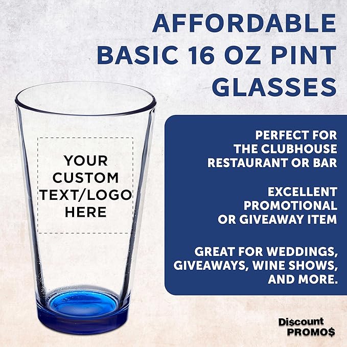 DISCOUNT PROMOS Custom Beer Pint Glasses 16 oz. Set of 10/50/100, Personalized Bulk Pack - Heavy Duty Glassware for Restaurant, Thick Base and Walls, Stackable - Blue