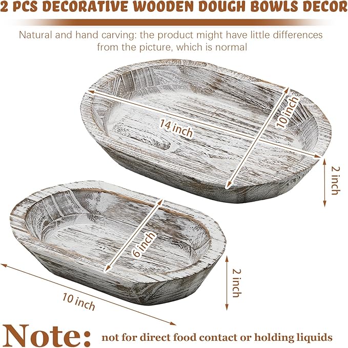 Tessco 2 Pcs Wooden Dough Bowl for Home Rustic Bread Long Wooden Bowl for Kitchen Dining Table Home Decoration(10 x 6 x 2 Inch, 14 x 10 x 2 Inch,White)