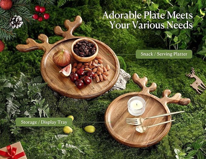 Acacia Wood Serving Platter, Christmas Decorative Reindeer Antler, 12"x10"Round Wooden Food Dish Display Plate, Charcuterie Board Tray for Cheese Fruit, Kitchen Gift for Housewarming (Gift Box)