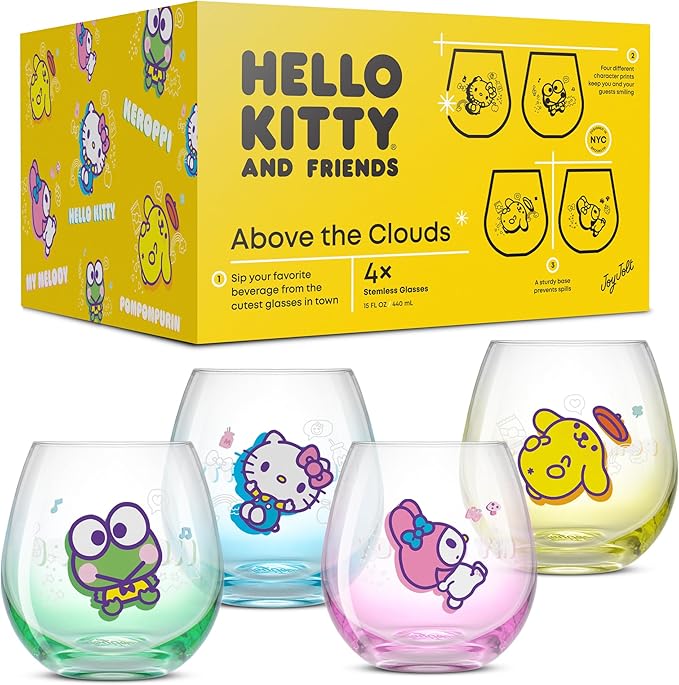 JoyJolt Hello Kitty & Friends Above the Clouds Stemless Drinking Glasses, 15 oz Ombre Glass Cup Set of 4 ft Hello Kitty Keroppi My Melody Pompompurin, Kawaii Kitchen Glassware Sets