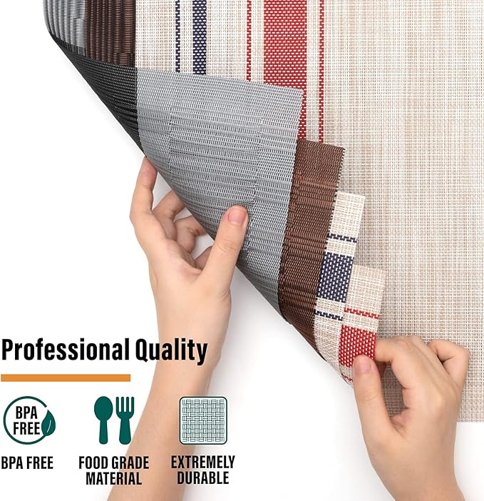 Winknowl Placemats Set of 6, Heat Resistant Non-Slip Vinyl Woven Table Mats for Dining Table, Washable Durable Elegant Place Mats for Kitchen Indoor/Outdoor Use (Beige Blue)