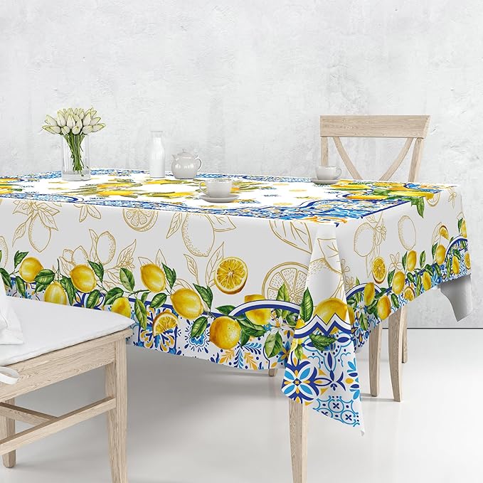 Lemon Tablecloth 60 x 84 Inch Rectangle, Yellow and Blue Mediterranean Summer Decor Tile Flower Pattern Table Cloth Italian Themed Decor for Party Oblong Table Cover for Dining Room