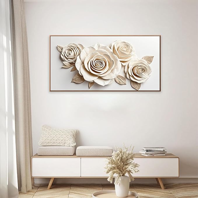 Wall Art Living Room Prints White Flower Wall Art Decor Modern Canvas Art Wall Decor Home Wall Decor Suitable Pictures For Bedroom Apartment Office Can Be Hung 24" X 48" With Framed