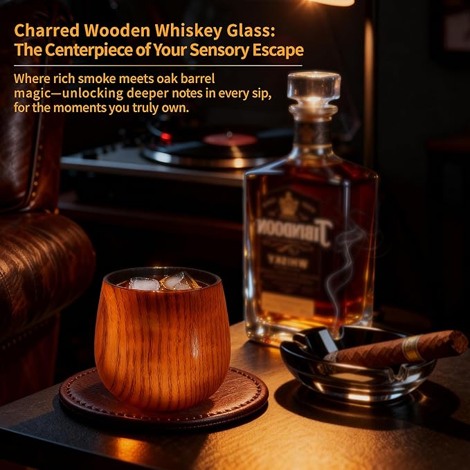 Charred Wooden Whiskey Glass 10oz | Handcrafted Old Fashioned Tumbler with Stones & Coaster | Bourbon Gift Set for Men, Dad, Husband (1 Pack)