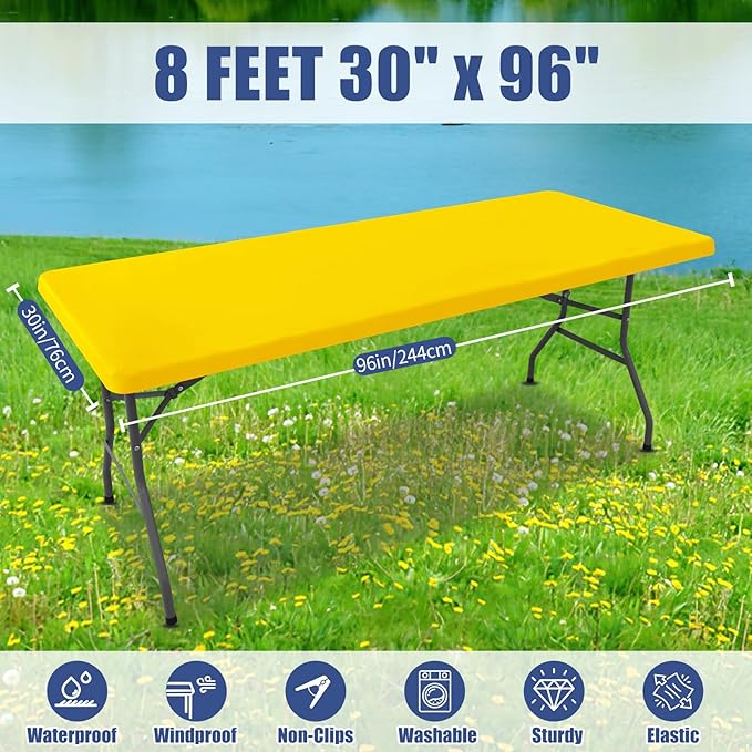 Spandex 8 Foot Rectangle Table Cloth 2 Pack, Elastic Fitted Tablecloths for Picnic, Stretch Washable Patio Table Cover for Outdoor, Camping, Banquet and Parties (Yellow, 30"x96")