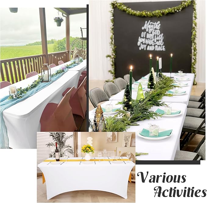HAISIWLKJ 3 Pack Table Cloth 8ft White Tablecloths for Rectangle Folding Table Spandex Fitted Stretch Cover Wrinkle Resistant Washable Protector for Party, Wedding, Banquet, Festival.