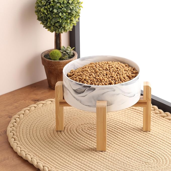 Elevated/Raised Dog Bowl Ceramic with Wood Stand for Small Medium Breed,Dog Food Water Dish Heavy, 6 in Non Slip Modern Cute Porcelain Pet Bowl Marble Grey