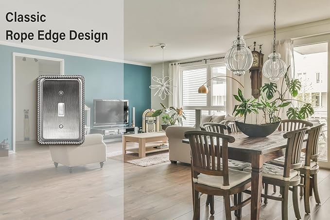 Henne Bery Rope Edge Decorative Wall Plate Switch Plate Outlet Cover (Single Toggle, 3 Pack, Heirloom Silver)