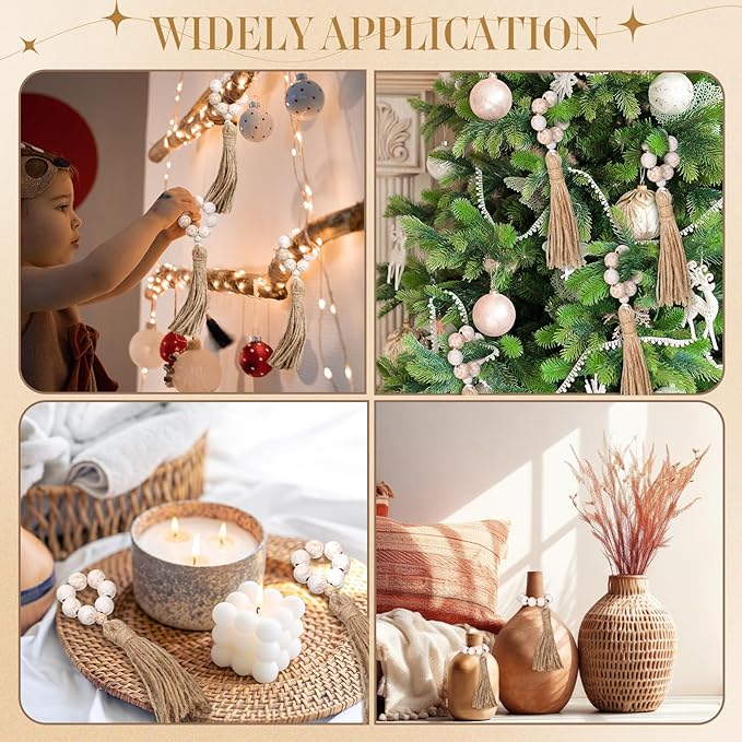 Maxcheck 12 Pcs Wood Bead Napkin Rings with Tassel Handmade Wooden Farmhouse Napkin Ring Natural Beaded Napkin Ring Holders for Tabletop Dining Party Wedding Gathering Home Decoration (Whitewashed)