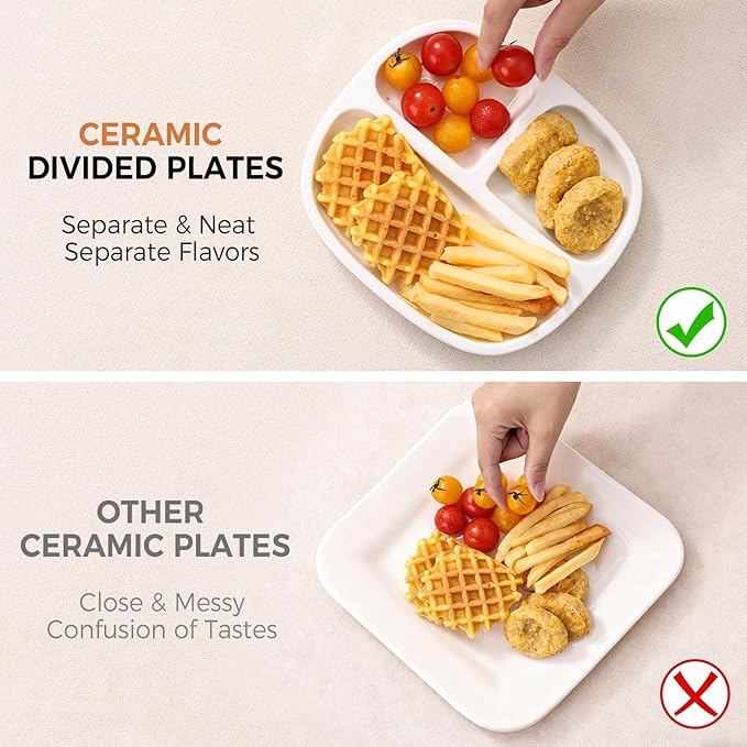 8.58" Square Ceramic Divided Plates - 4 Pack, Portion Control Plate for Rational Eating, White Dinner Plates, 3 Compartment Dinner Diet Plates for Kids Adults, Microwave, Dishwasher Safe