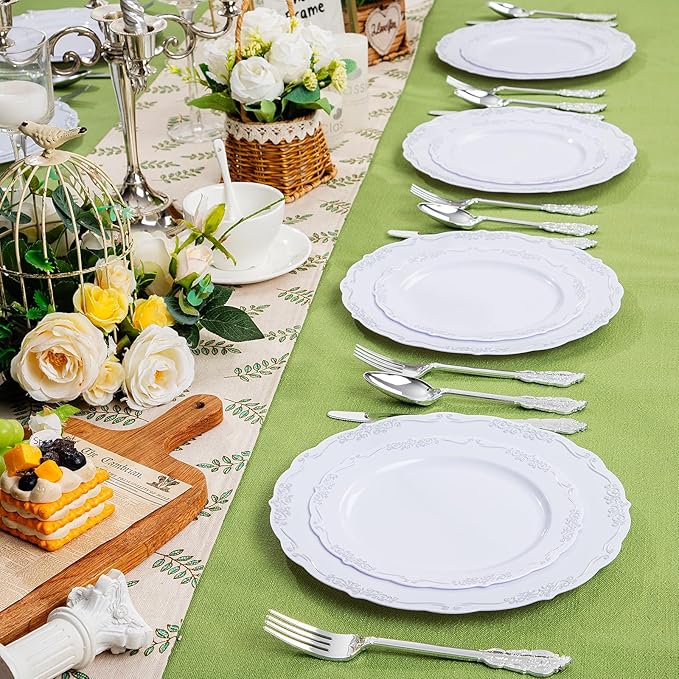 DaYammi 60PCS White and Silver Plastic Plates, Heavy Duty White and Silver Disposable Plates Premium 10inch White Dinner Plates Hard Plastic Plates Disposable for Party Wedding Bridal Shower