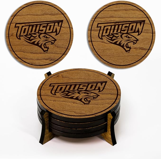 LazerEdge Wooden Coaster Set - 120+ University Designs Hand Crafted from Cherry Wood - Officially Licensed Product - 4-Pack (Towson Tigers)