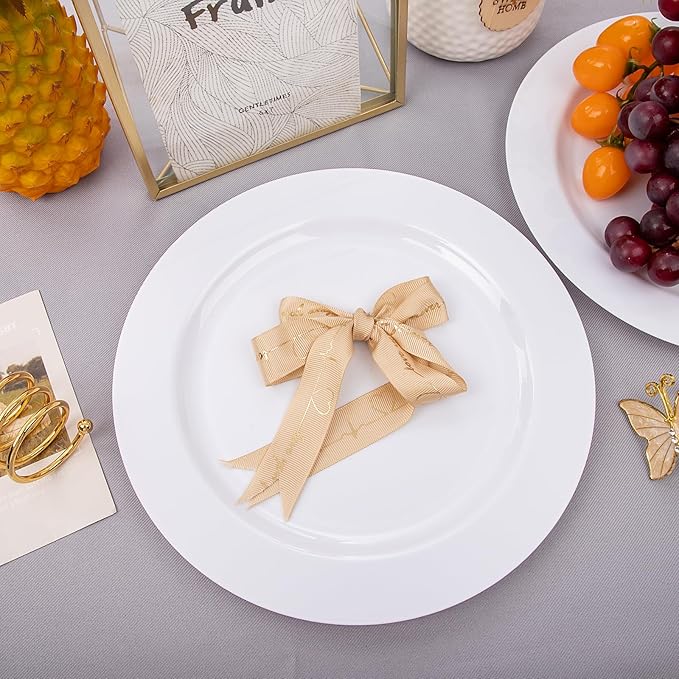 I00000 50Pcs White Plastic Dinner Plates 10 Inch, Premium Disposable Party Plates, Safe and Reusable, Heavy Duty Plastic Plates Perfect for Wedding Valentine's Day Party