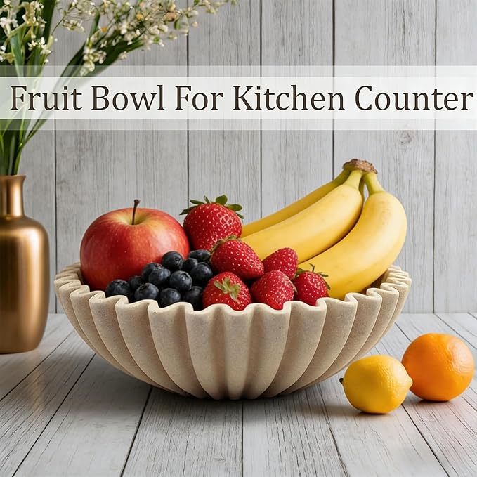 Large Modern Decorative Bowl, Fruit Bowl for counter, Modern Home Decor, Ruffle Bowl for Kitchen Counter Coffee Table, Key Bowl for Entryway Table, 10", Beige