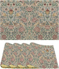 William Morris Placemat Set, Beige Blue Pink Vintage Rustic Art Exotic Ethnic Floral Bird Seamless Pattern Home Decor Linen Table Mats for Dining Room Kitchen Party (17x12in) x4P