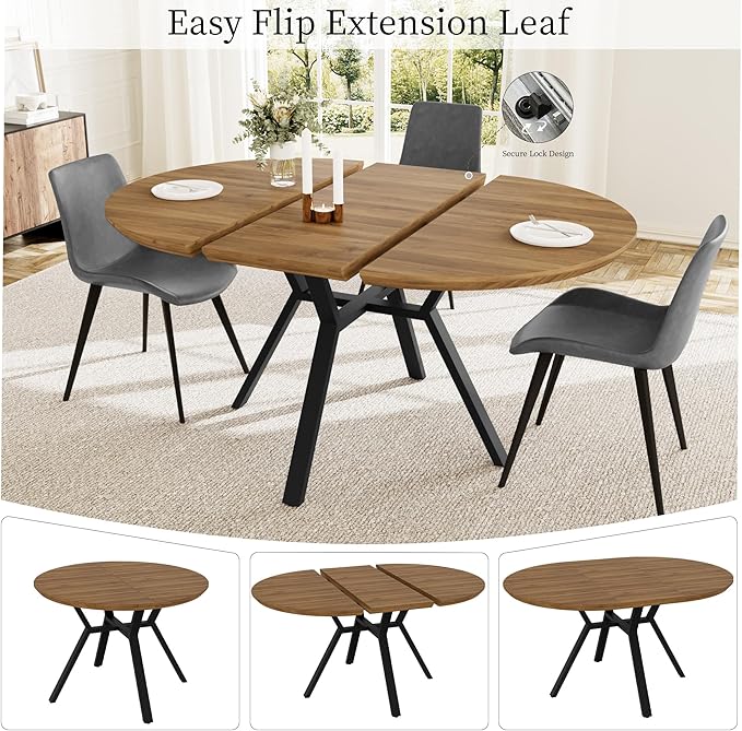 Extendable Round Dining Table Set for 4-6 People, 43.3"-59.1" Extendable Kitchen Table with 4 Upholstered Chairs, Space Saving for Kitchen Dining Room (Walnut Table+4 Grey Chairs)