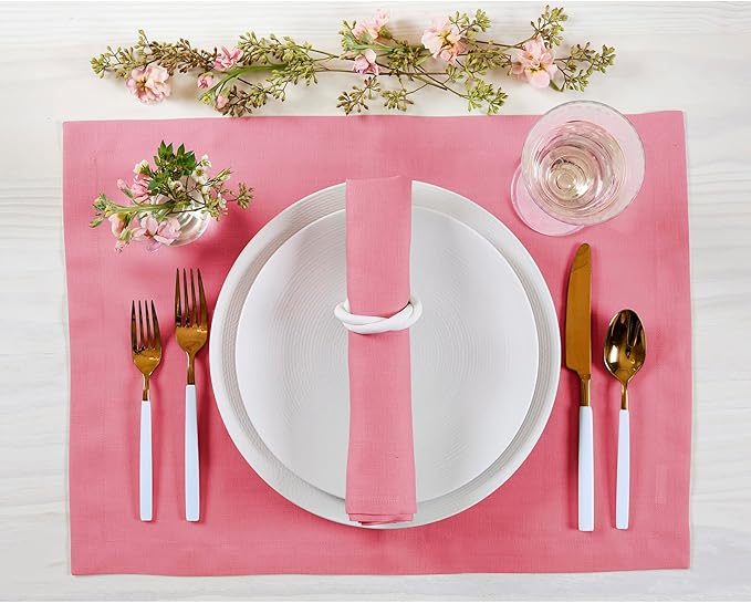 Solino Home Linen Cloth Placemats Set of 4 - 100% Pure Linen Pink Carnation Placemats 14 x 19 Inch for Valentines, Spring, Easter - Fete