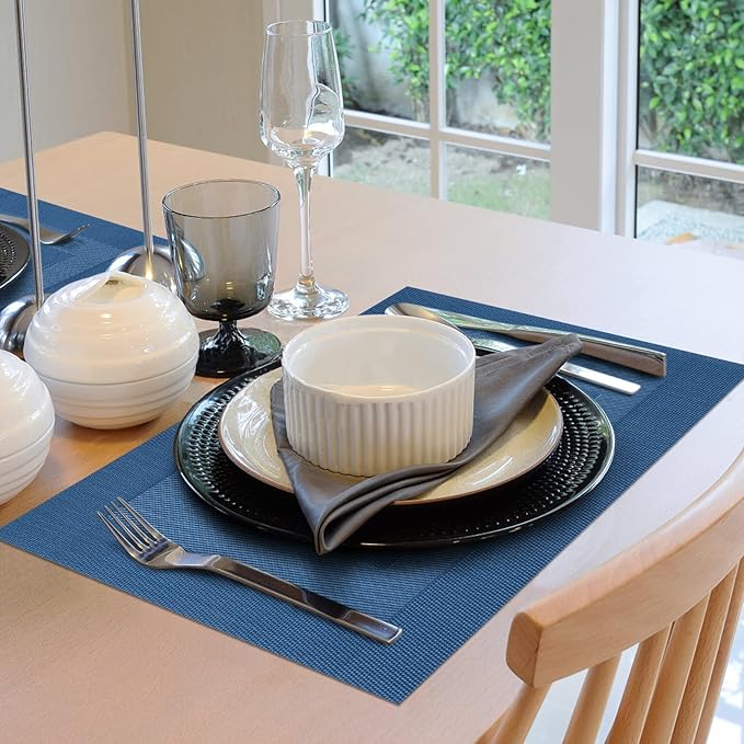 Winknowl Placemats Set of 4, Washable Vinyl Woven Placemats, Heat Resistant & Wipeable Table Mats for Kitchen Dining Table (Navy Blue)