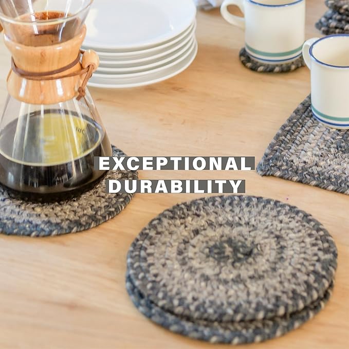 Homespice Flint Hill Round Braided Placemats, Warm Primitive Decor, Set of 2, 15", Grey Jute Table Mats - Vibrant Colors, Durable, Easy to Clean and Protects Furniture