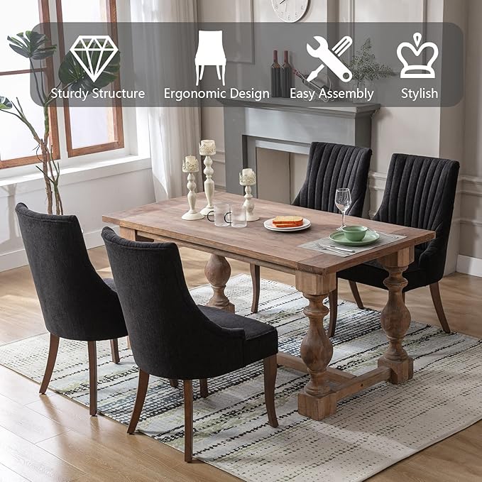 mikibama Linen Dining Chairs Set of 6 Channel Tufted Kitchen Dinner Chair Comfy Fabric Upholstered Accent Chair for Dining Room with Solid Wood Legs (Black 6pc)
