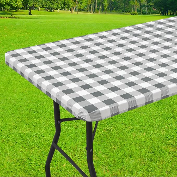 Smiry Rectangle Picnic Table Cloth, Elastic Waterproof Fitted Vinyl Tablecloths, Flannel Backed Buffalo Plaid Table Covers for Dining, Camping, Outdoor (White and Grey, 24" x 48")