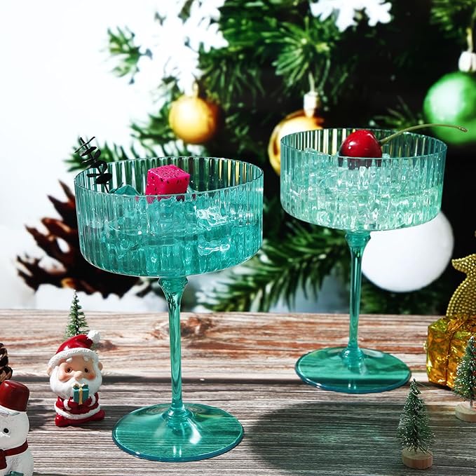 48 Pcs Ribbed Martini Glasses 10 oz Disposable Plastic Vintage Ribbed Coupe Glasses Unbreakable Dessert Parfait Glassware for Wedding Birthday Party Supplies (Light Green)