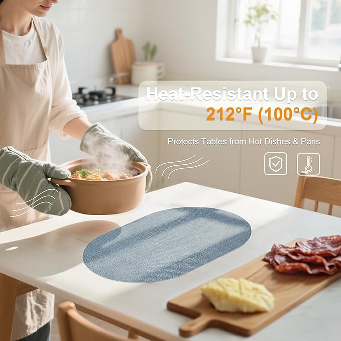 Oval Placemats for Dining Table Set of 4, Washable Leather Table Mats, Waterproof Heat-Resistant Non-Slip Kitchen Placemats, Simple Style Oval Design