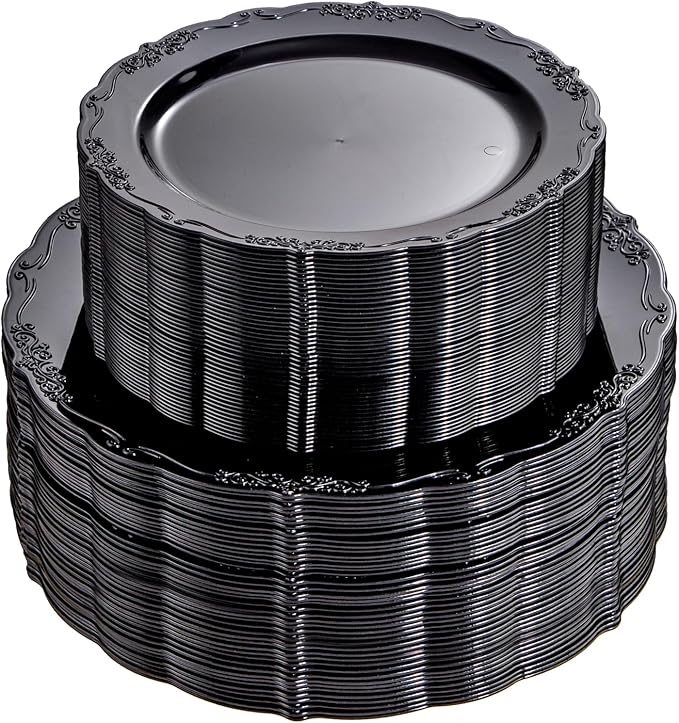 U-QE 100PCS Black Plastic Plates, Heavy Duty Black Plates Including 50PCS 10'' Dinner Plates & 50PCS 7.5'' Dessert Plate - Hard Plastic Plate for Party Wedding Bridal Shower
