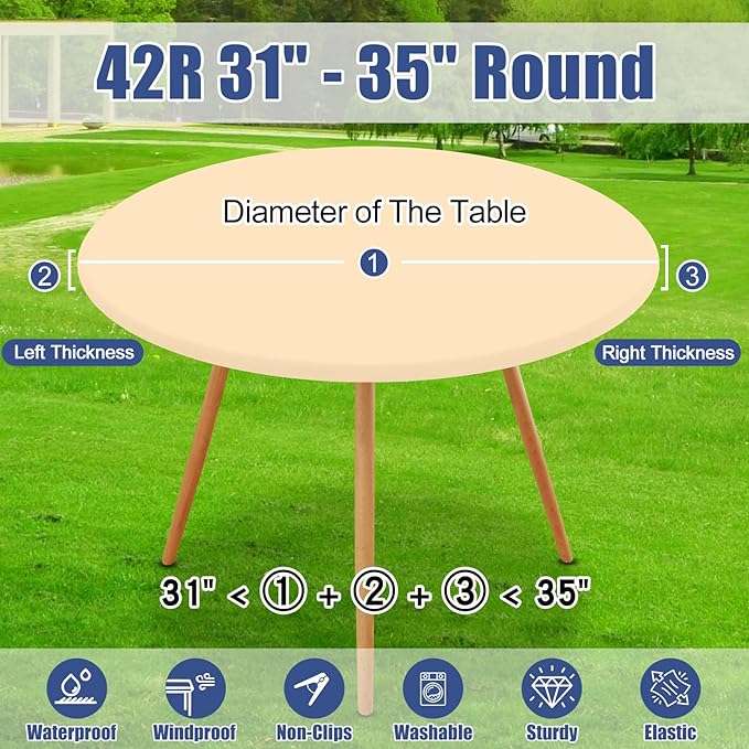 Round Spandex Tablecloth, Elastic Fitted Waterproof Tablecloths for 31"-35" Tables, Stretch Washable Picnic Table Cover for Camping, Dining, Indoor and Outdoor,Ivory