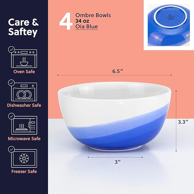 Ombre Cereal Bowls in Oia Blue - 34 oz - For Soup, Dessert, Noodle, Salad, Snacks, Serving - Ceramic Porcelain Bowl Set of 4 - Ombre Dinnerware Collection