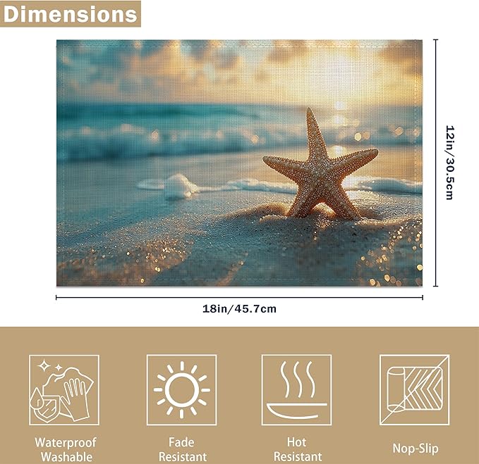 Placemats, Sunrise Starfish Beach Placemats 12x18 Inch Waterproof Non-Slip Washable Table Mats for Kitchen Dining Party Table Decor,Set of 6