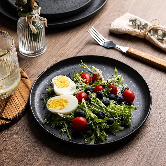 AmorArc Ceramic Dinner Plates Set of 6, Wavy Rim 10.25 Inch Stoneware Dish Set, Dinnerware Plates for Kitchen-Microwave&Dishwasher Safe, Scratch Resistant-Reactive Glaze Matte Speckled Black