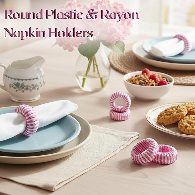 ALPHA Living HOME Napkin Rings Set - 12-Piece Elegant Round Plastic & Rayon Napkin Holders for Dining Table Decor, for Wedding, Party, Holiday, Banquet, Kitchen, Everyday Use (Pink White)
