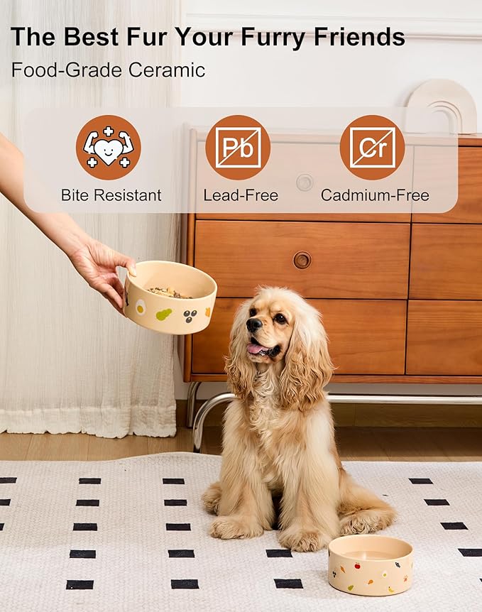 Ceramic Dog Bowl with Non-Slip Ring - 6.5 Cups, Heavy-Duty Stoneware Bowl, Pet Feeding, Microwave and Dishwasher Safe-NomNom-L (Single Bowl)