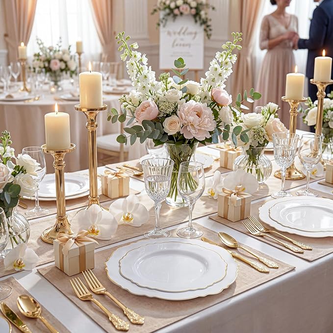 WDF 60pcs Gold Dessert Plates-7.5inch Baroque White and Gold Small Plastic Plates/Disposable Dessert/Salad/Appetizer Plastic Plate for Upscale Bridal Shower/Wedding/Birthday